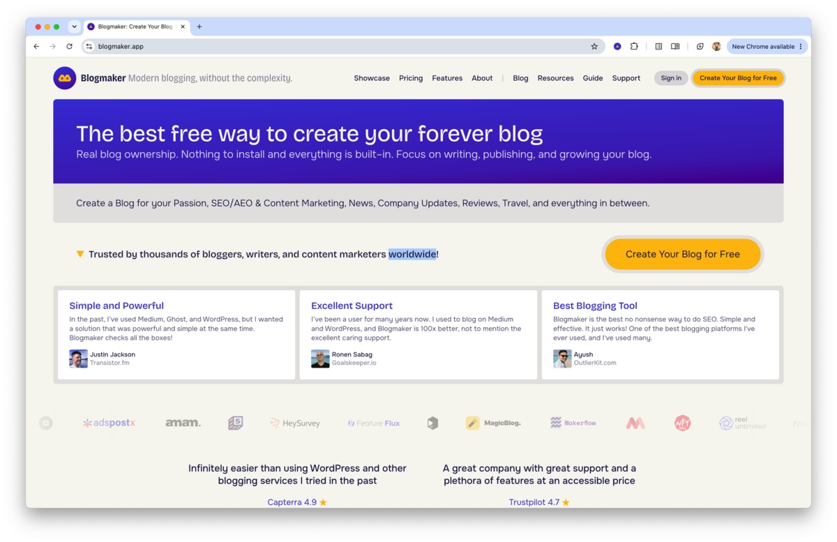 Blogmaker blogging platform homepage highlighting SEO-focused blogging tools and founder testimonials.