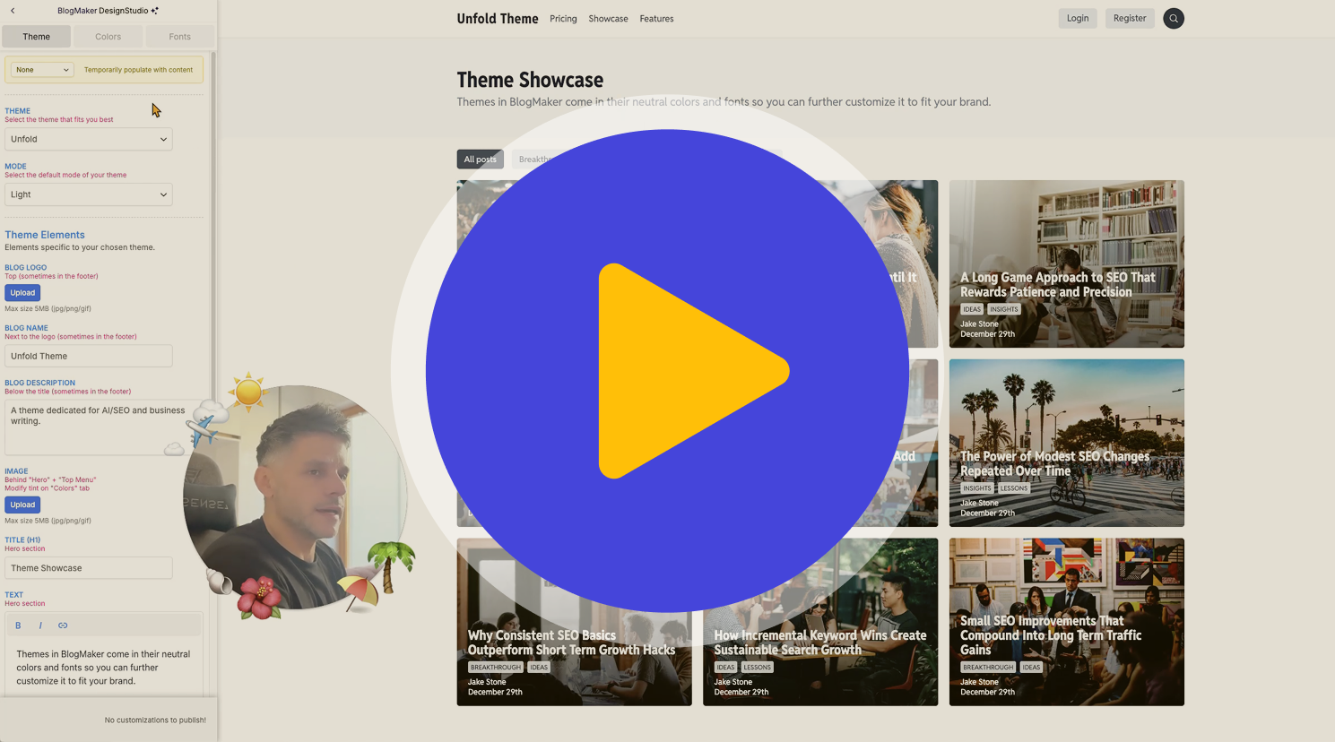 BlogMaker Design Studio showing the Unfold theme preview with image based post cards on the landing page, customization options on the left, and a large play button overlay indicating a video walkthrough of the theme showcase.