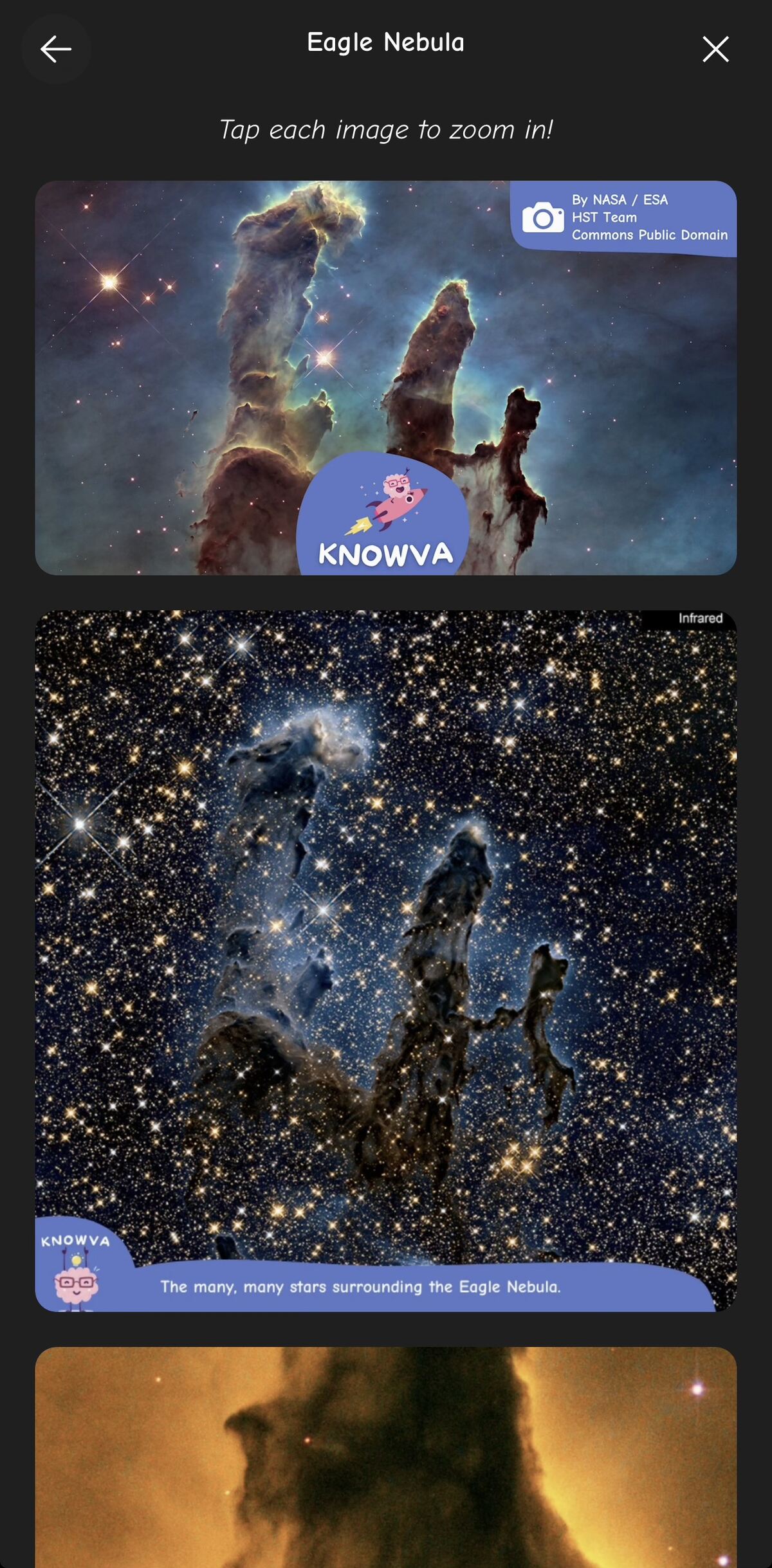 App screenshot - A closer look at some of the in-app photographs with new 'zoom in' option so learners can really explore space fully. This screenshot shows the Eagle Nebula.
