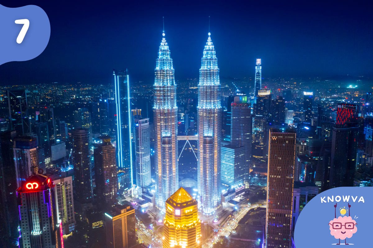 The Petronas Towers lit up at night with Kuala Lumpur city lights surrounding them.