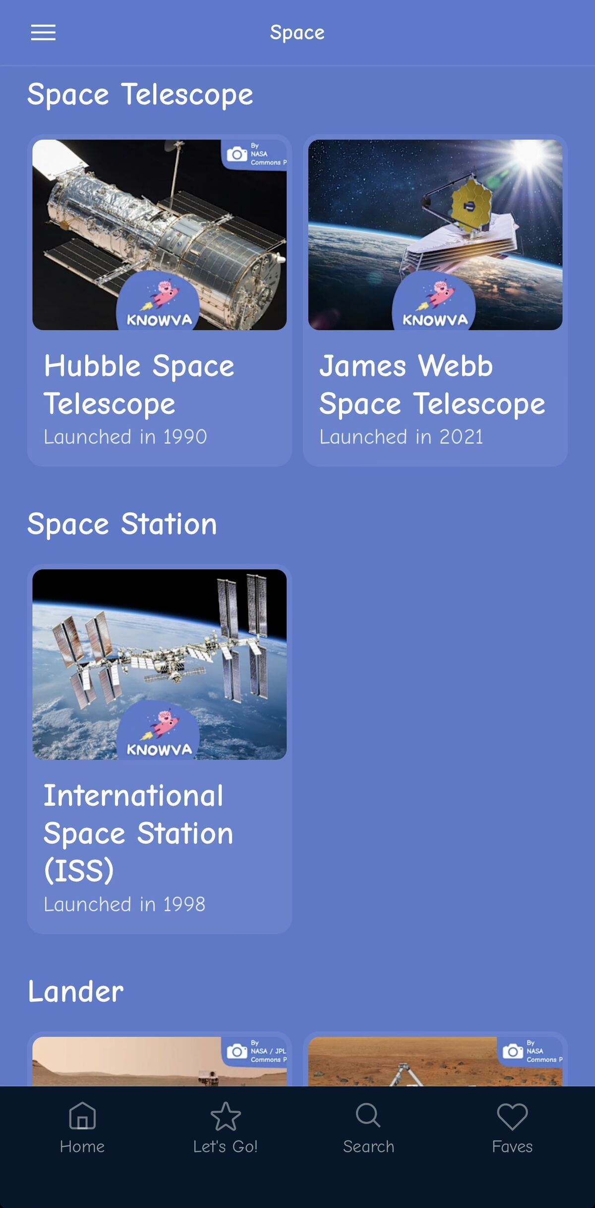 App screenshot - Some of the man-made space objects in Knowva, including Space Telescopes and the International Space Station.
