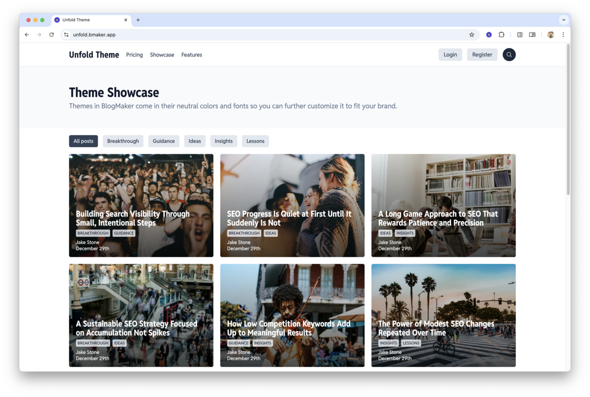 Theme showcase page of the Unfold Theme on BlogMaker displaying a grid of blog post cards with featured images, SEO focused article titles, category filters, and a top navigation bar with pricing, showcase, features, login, and register options.