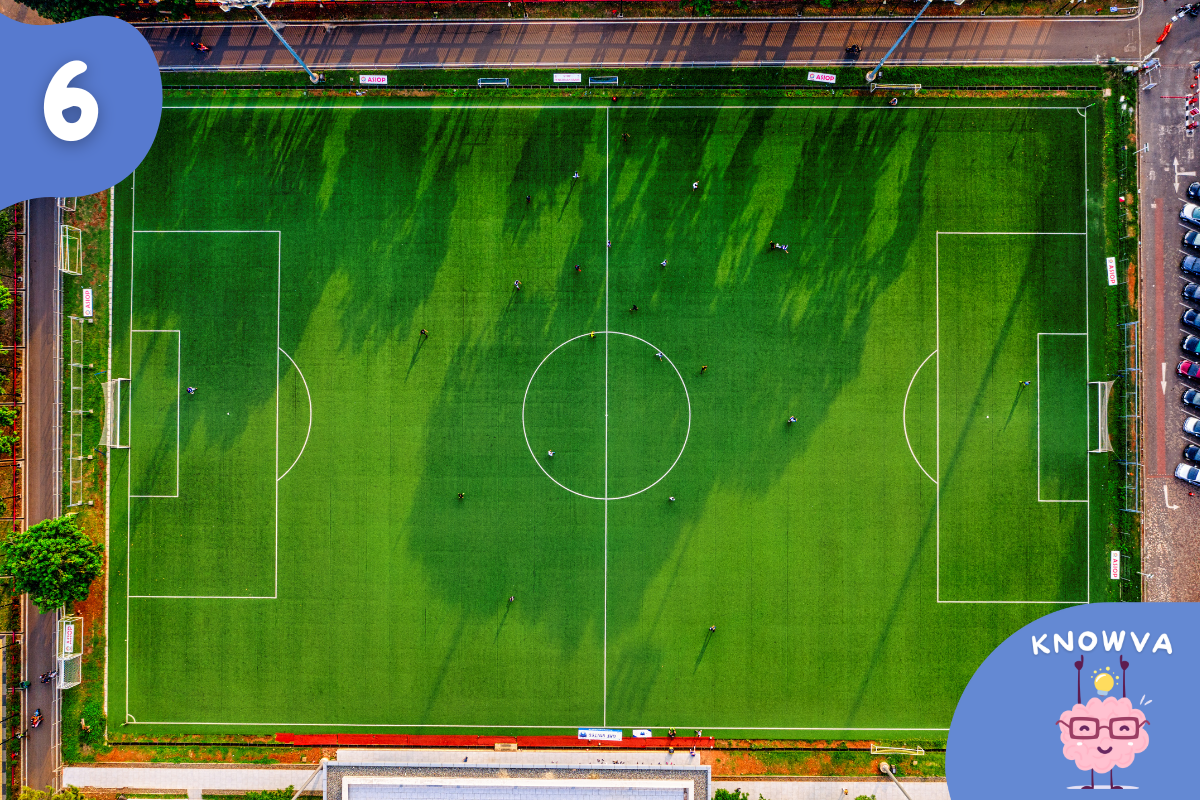 A football pitch seen from above showing the full length of the field from goal to goal.