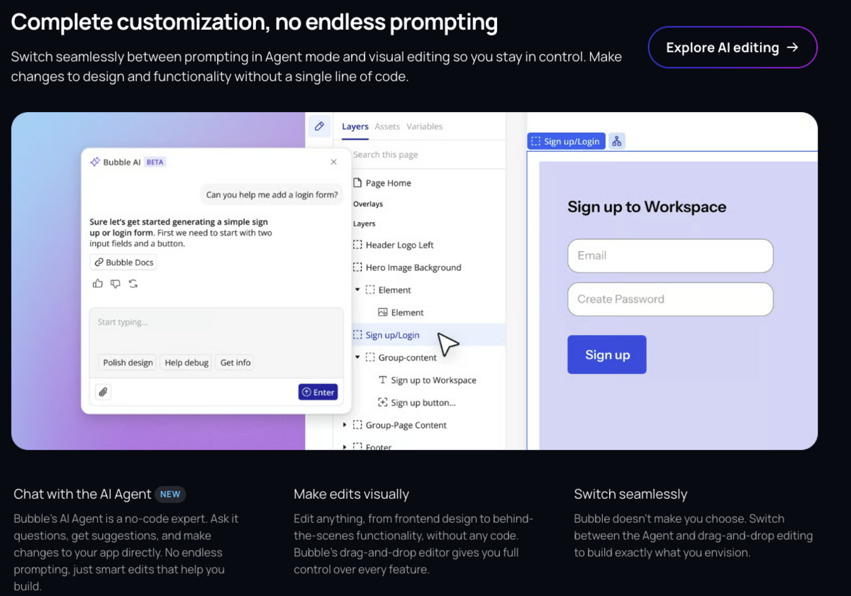 Bubble app showing combination of no-code and AI agentic design