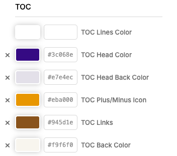 TOC color settings with six customizable options, including head, background, link, and icon colors.