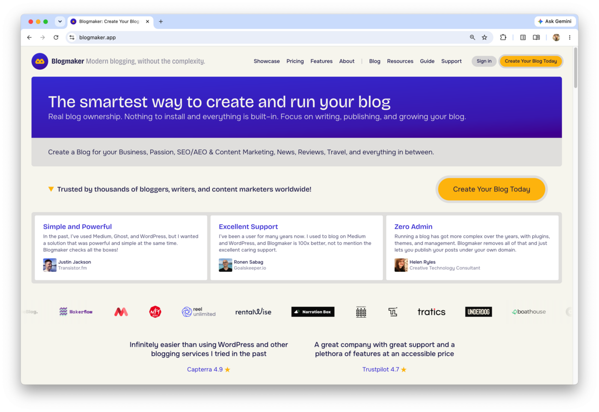 Blogmaker best blogging platform homepage highlighting SEO-focused blogging tools and user testimonials.
