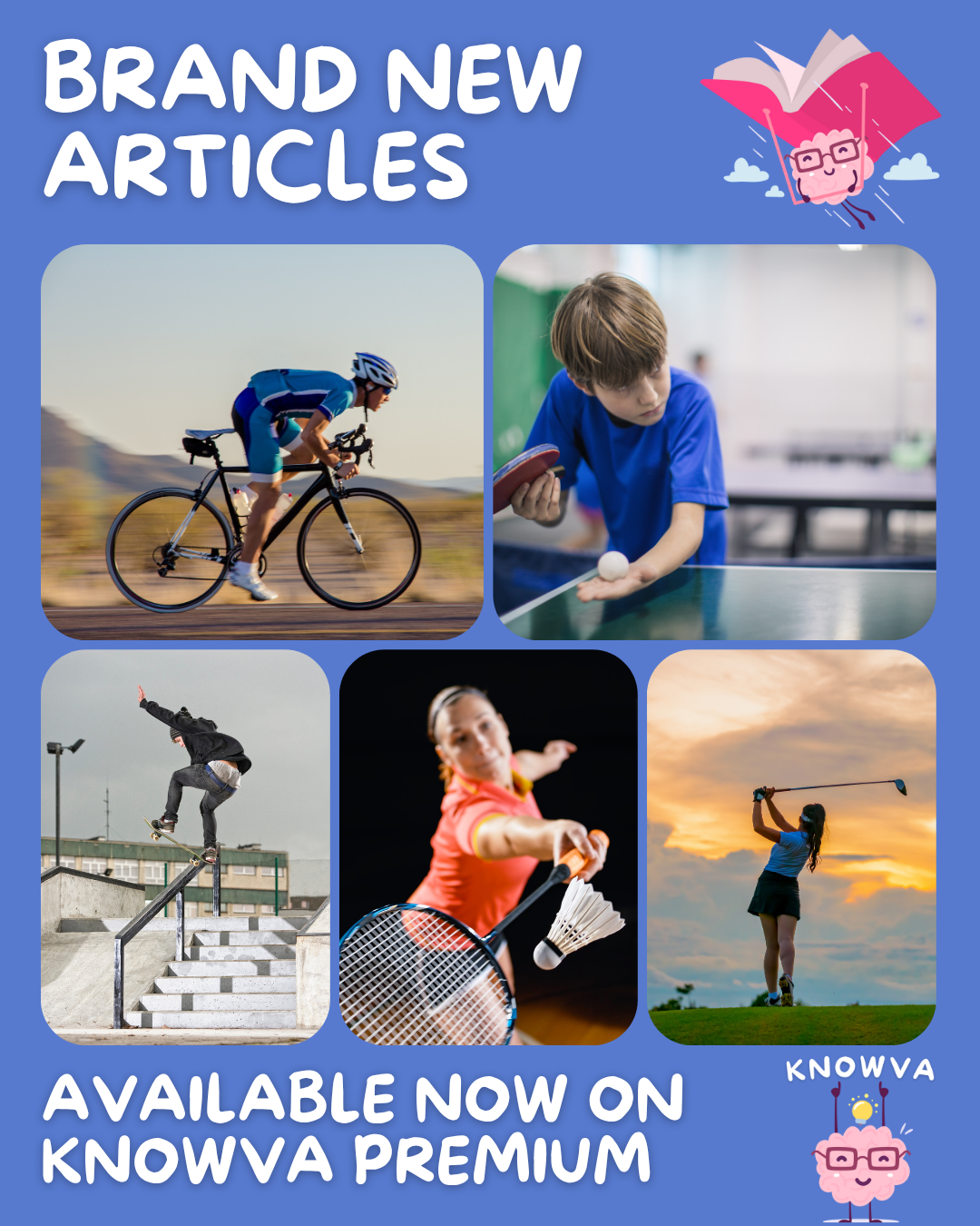 Decorative image of the five new sports. Text reads 'Brand new articles - Available now on Knowva Premium'