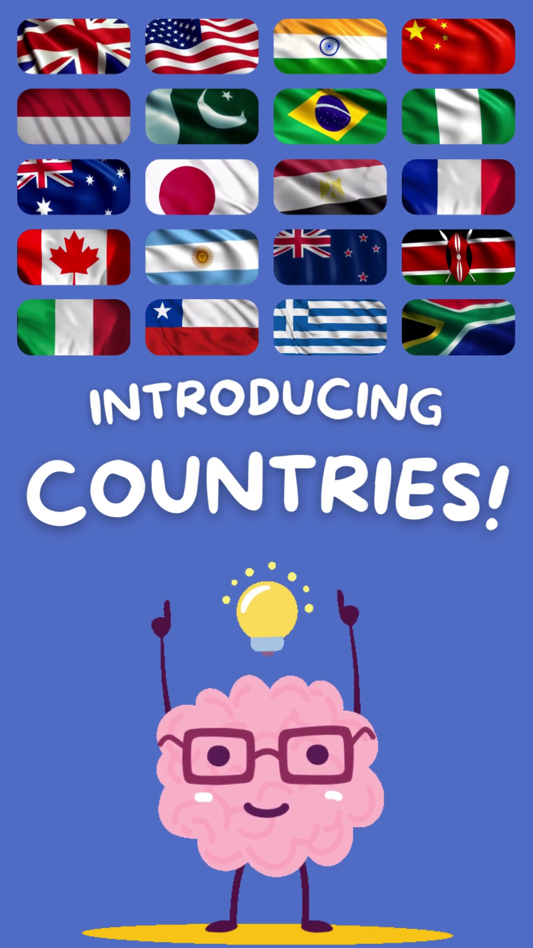 Decorative image of the 20 countries listed in this new category of content. Text reads 'Introducing Countries!'