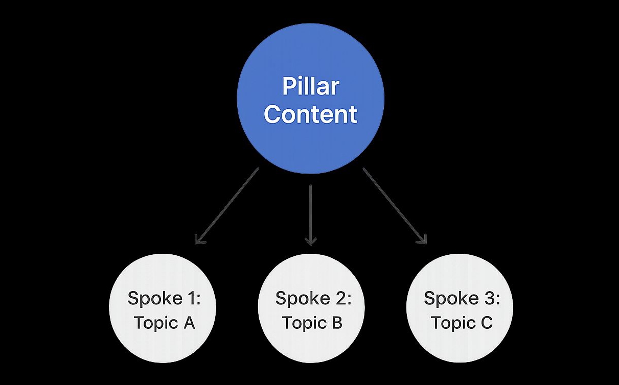 A diagram showing a hub-and-spoke content model with a central blue circle labeled ‘Pillar Content’ connected by arrows to three white circles below labeled ‘Spoke 1: Topic A,’ ‘Spoke 2: Topic B,’ and ‘Spoke 3: Topic C,’ all on a black background.