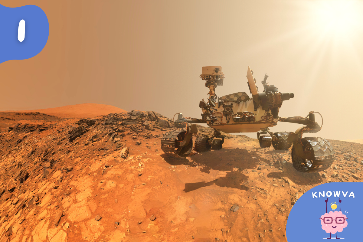 An artist's impression of the NASA Mars Rover on the planet's orange soil.