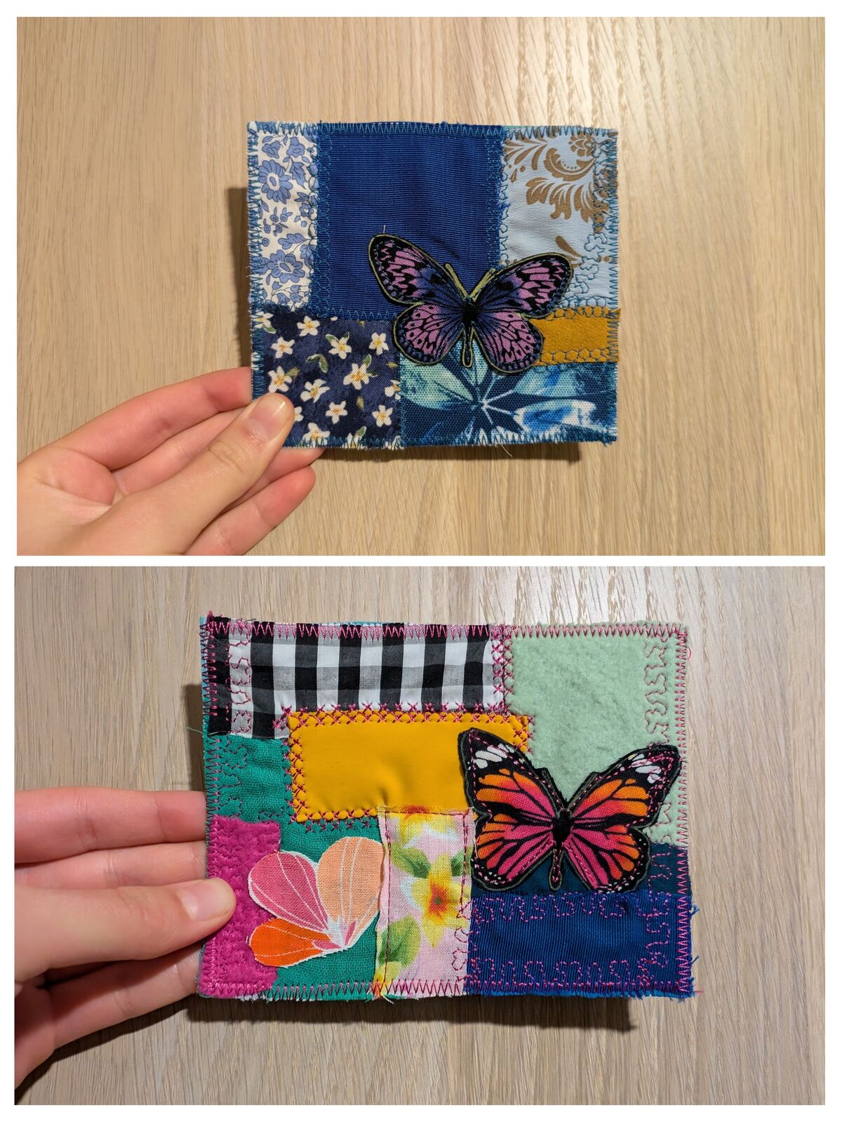 Two pictures of quilted postcards. One blue and the other multicolored. Both use a variety of different fabrics. Both have butterflies on them.