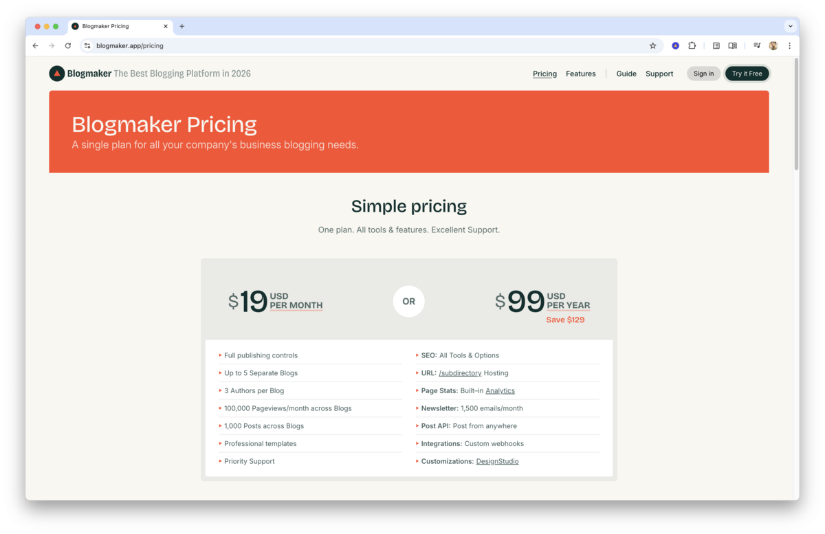 Blogmaker pricing page showing a simple plan with $19 per month or $99 per year for a business blogging platform with SEO tools, analytics, newsletters, and multiple blogs.