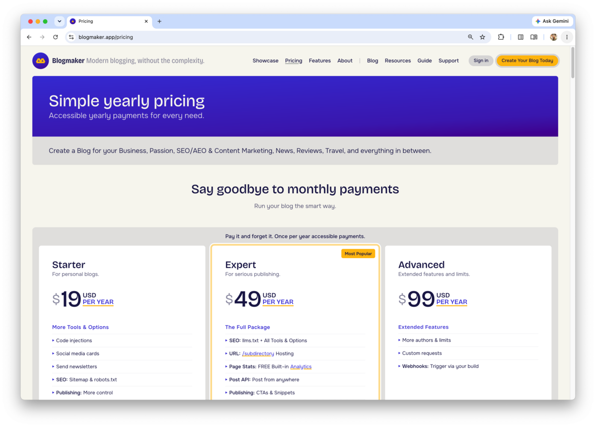 Blogmaker pricing page.